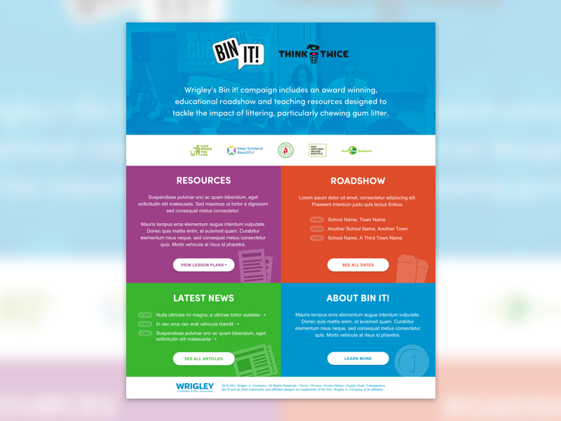 Wrigley's Bin It colourful bright landing page home page education gum wrigley