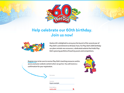 Play-Doh 60th Anniversary education form holding page landing page play doh signup