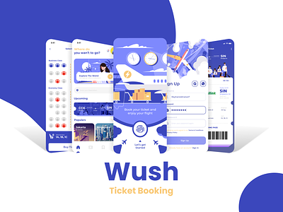 Wush - Mobile Application Design 3d animation app appdesign booking branding design graphic design illustration logo mobile mobileapp motion graphics plane ticket travel ui ux vector