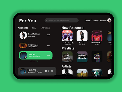 UI design for a music streaming app on a tablet