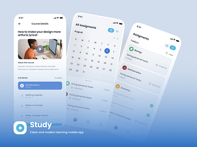 Study - eLearning App UI Kit account app assignment branding clean couse design elearning illustration learning message mobile professional school student task teacher ui ui kit ux