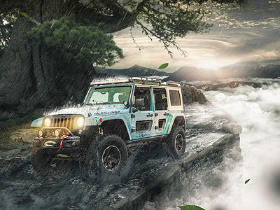 Manipulation practise #01 car fancy jeep landscape manipulation mountain photoshop rain retouching sky sunset