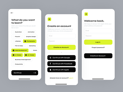 Log In Screens for Online Learning Mobile App app clean concept courses design interests layout learning log in minimal mobile modern online screens search select sign up style ui ux