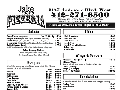 Jake & Sons Pizzeria blackandwhite graphic design graphic designer illustration menu menu design pittsburgh pizzeria restaurant