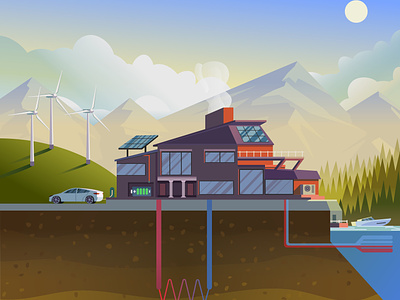Eco friendly house biomass eco forest friendly ground source house illustration landscape mountains solar wind
