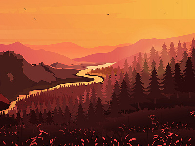 Nature in dusk banner cartoon dark orange forest illustration mountains orange river sunset trees vector