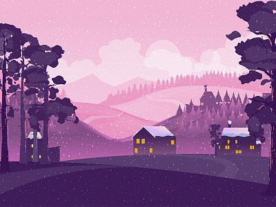 Winter Landscape countryside field forest hill houses illustration nature painting sketch vector violet wallpaper