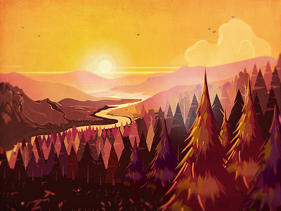 Nature in dusk II banner cartoon dark orange forest illustration mountains orange river sunset trees vector