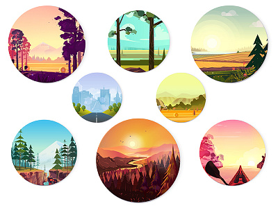Collection of round illustrations active autumn collection icons kayaking nature season set spring trees water winter