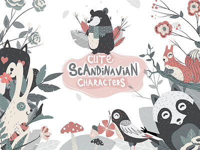 Characters Set animal baby character collection cute flat fox illustration muzzle raccoon scandinavian vector
