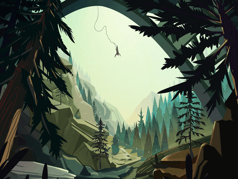 Bungee jumping bungee courage digital illustration jump landing page landscape mountains ropejumping spring forest vector art