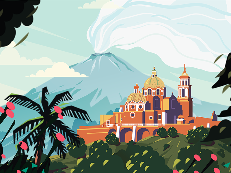 Mexico invite palm trees colorful composition vector outdoor nature mountains hand drawn digital art mexico illustration landscape