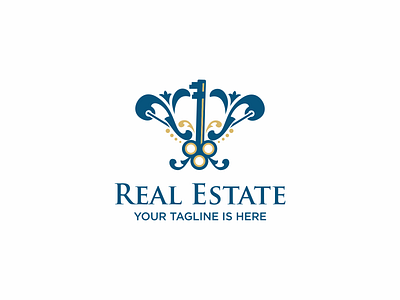 futuristik estate blue design futuristik gold home icon illustration key logo ornament real estate typography vector