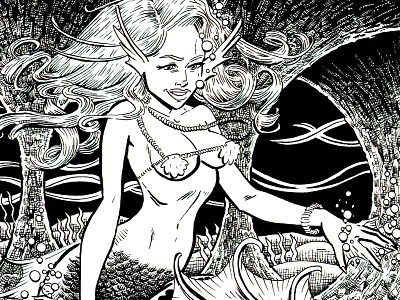 Mermaid black and white cave drawing ink mermaid pen underwater