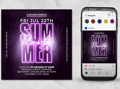 Summer party flyer template brochure club dj event flyer music neon night palm party poster social media post summer template