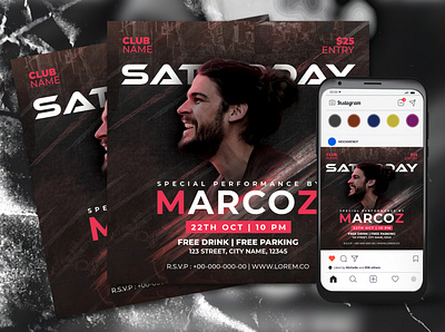 Night Club Flyer Template concert design disco dj event flyer grunge music night club party performance poster print social media post template