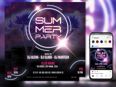 Summer party flyer template birthday dj club event flyer light music neon night club palm party poster print social media post summer template