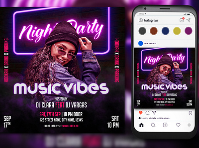 Night club party event flyer design disco dj event flyer music night club nightclub party poster printable social media post template