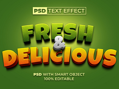 3D Text Effect Fresh & Delicious Style for Photoshop 3d colorful design editable effect font food fresh gradient green letter lettering logo mockup modern orange poster smart object text typography