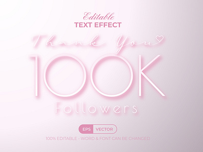 100K Followers Text Effect Pink Light Style Vector