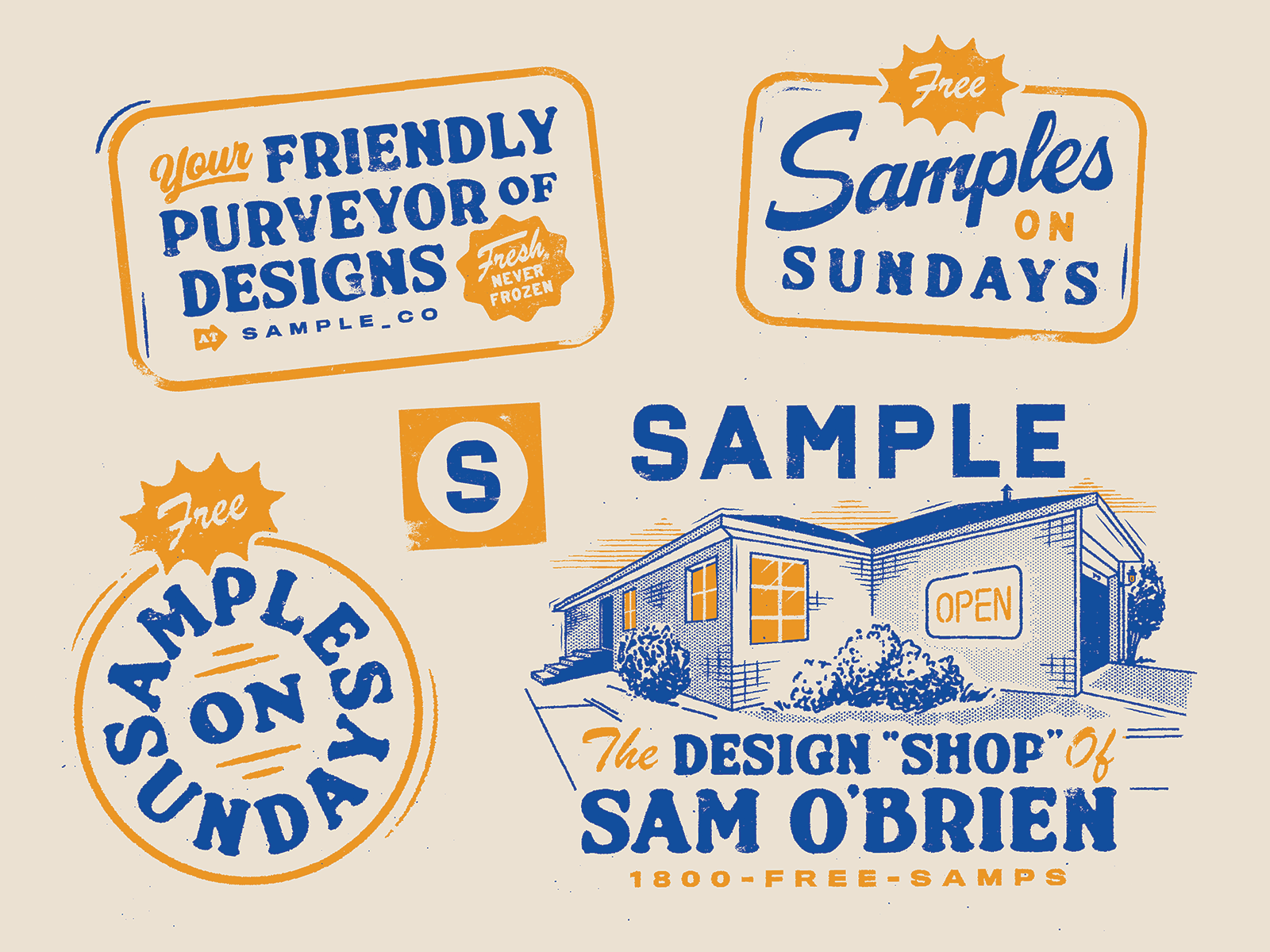 SAMPLE austin badge branding free samples freelance fresh grocery independent lettering local monday never frozen retro sam obrien signage sunday texas texture vintage