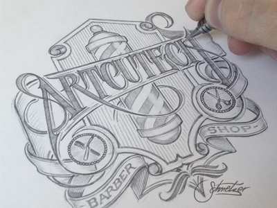 Artcutech WIP artcutech barber logotype pencil schmetzer shop sketch
