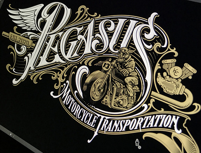 Pegasus hand illustration lettering logotype motorcycle pegasus schmetzer vector