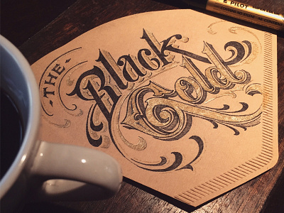 Black Gold black coffee doodle drawn gold hand lettering napkin schmetzer type
