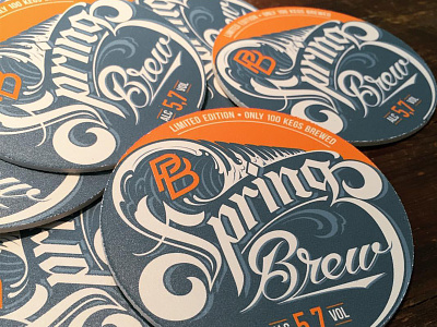 PB Spring Brew beer brew coaster design hand lettering logotype pb schmetzer spring surf