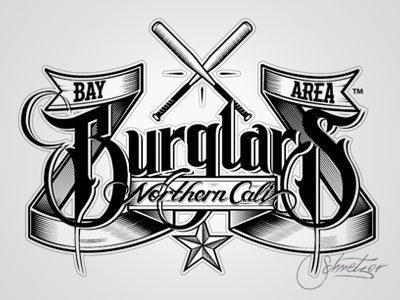 Burglars vector bat drawn hand logotype schmetzer scroll sign softball team typography vector
