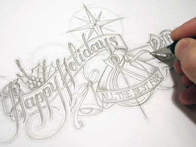 Christmas card bells card christmas happy holidays pencil schmetzer sketch star typography vintage