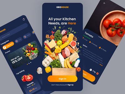 Grohouse - Grocery App app branding dark mode delivery food app graphic design grocery grocery app ui