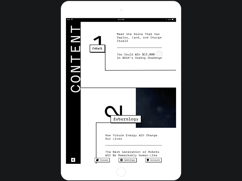 Robots Magazine. Content animation app design ipad magazine robot typography ui