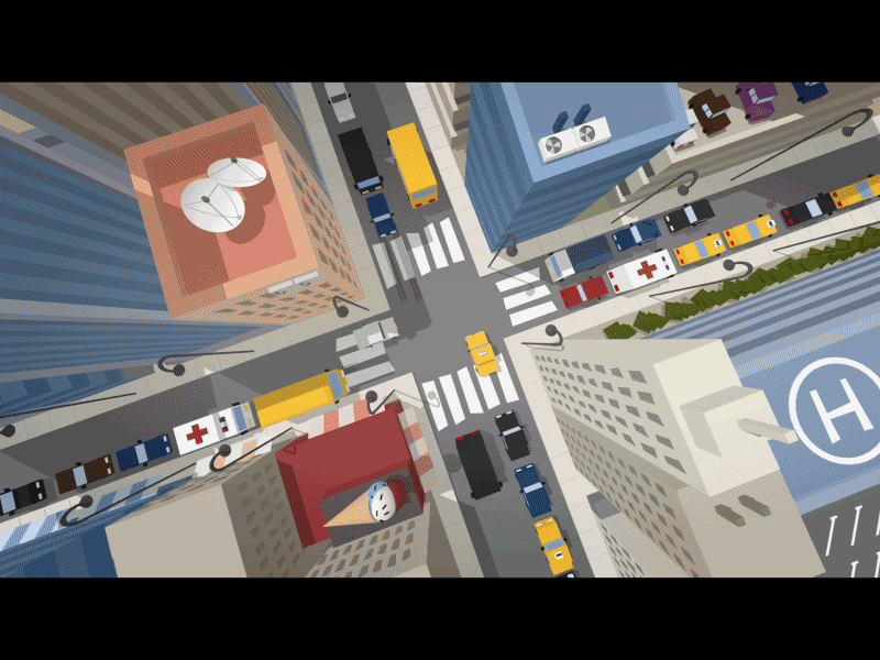A Bird's-eye View of City Traffic animated gif animation birds eye view cars cartoon city crossroads street traffic