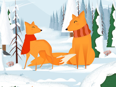 Winter foxes family forest fox illustration trees winter