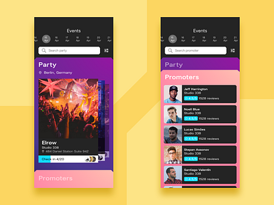 Event cards for night club app app app design cards design flat ios minimal mobile promoter schedule search ui ux