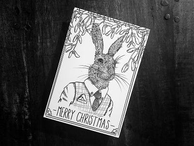 Mr. Hare black and white bunny card character christmas fantasy hare hike one illustration mistletoe pen art