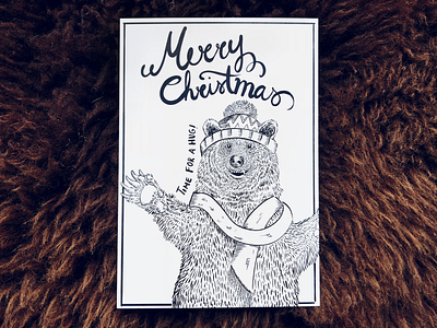 Mr. Bear bear black and white card character christmas handlettering hug illustration pen art winter
