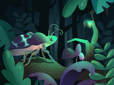 A forest stroll adobe animal beast branch bug character evening forest green illustration insect mushrooms nature night plants small trees
