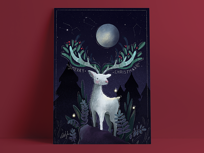 Merry Christmas my deer! animal card christmas constellation deer evening fantasy forest hike one illustration leaves light moon nature night nordic plants postcard stars white