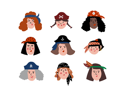 Pirate women collection adult avatar character costume cute faces funny girl graphic design hand drawn illustration party pirate portrait teenagers tricorn vector woman