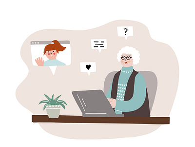 Retired woman chatting with a girl. adult communicating communication cute elderly girl grandchild graphic design hand drawn illustration laptop online people retired stay home vector