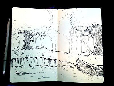 Canoe - Morning Sketch canoe forest river sketch trees