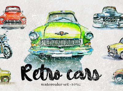 Retro cars design graphic design handdraw illustration watercolor