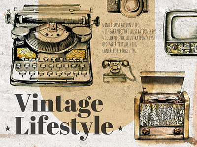 Vintage Lifestyle. Retro devices design graphic design handdraw illustration ink watercolor