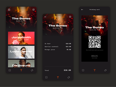 Concept bar app app cards concept concert dark theme dark ui design mobile payment qr code ticket app ui