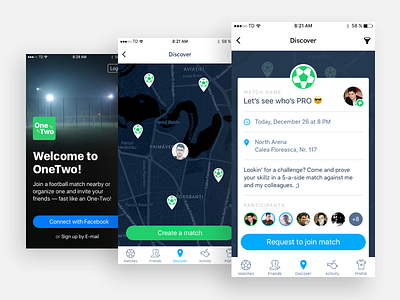 OneTwo - Find football matches around you app design icons ios logo map navigation social ui ux