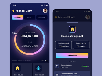 Savings app animation app bankings charity dashboard design illustration iphone x minimal pot saving saving money simple ui