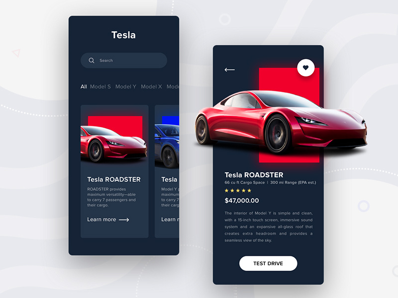 Tesla app inspiration electric car card design application test drive roadster ux uiux ui cards ui dark ui cards slide bitcoin electric card red tesla art app