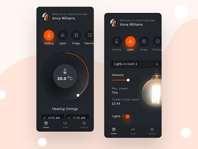 Smart home app branding colour dark ui dashboard design energy heating home app ios iphone x lights room smart smarthome ux vector